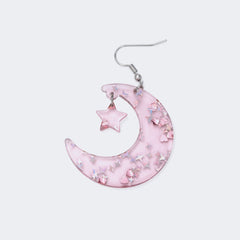 Pink Crystal Moon Earrings with Sparkling Stars