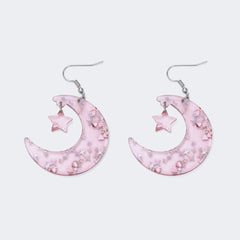 Pink Crystal Moon Earrings with Sparkling Stars